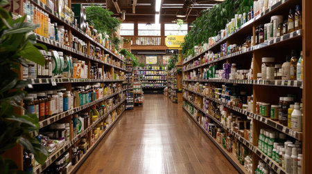This image showcases the inviting interior of a health store filled with natural products. The bright lighting and greenery create a vibrant and welcoming atmosphere for shoppers looking to improve their wellness.の素材