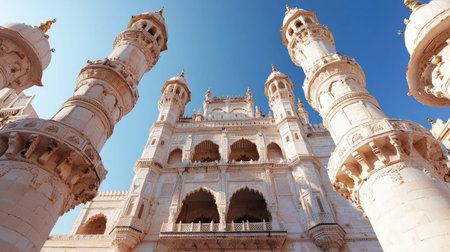 This stunning image captures a majestic historical palace with ornate towers, showcasing intricate architecture against a clear blue sky. A perfect embodiment of rich culture and heritage.の素材