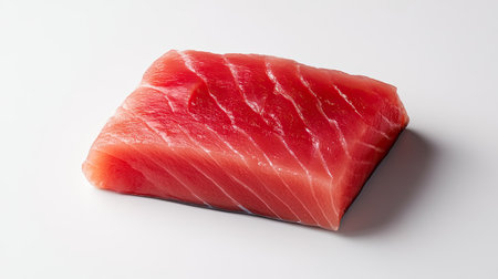 A fresh slice of red tuna steak displayed on a clean white surface, ideal for culinary preparation. Perfect for sushi, sashimi, or gourmet dishes, this image showcases vibrant color and texture.の素材