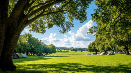 A serene camping scene featuring colorful tents nestled under lush trees, against a backdrop of a bright blue sky dotted with fluffy clouds. Perfect for outdoor enthusiasts.の素材