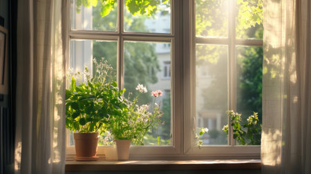 A serene indoor scene featuring a window garden illuminated by sunlight, showcasing vibrant plants and flowers, creating a tranquil and inviting atmosphere.の素材