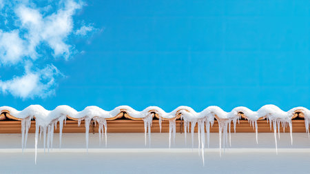 A stunning winter scene featuring icicles hanging from a rooftop against a clear blue sky with fluffy white clouds, capturing the beauty of nature in cold weather.の素材
