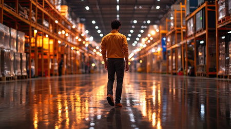 A solitary figure walks through a spacious warehouse aisle illuminated by warm lights, showcasing modern industrial architecture and organized storage.の素材