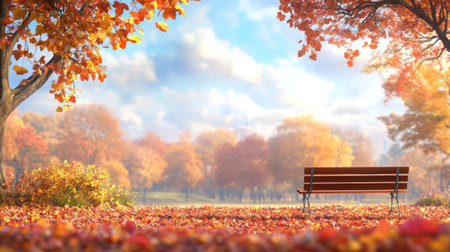 A peaceful autumn park scene featuring a wooden bench surrounded by vibrant foliage, colorful leaves, and soft sunlight filtering through trees, perfect for relaxation.の素材