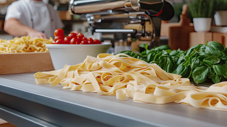 A professional kitchen setting showcases freshly made pasta laid out with vibrant tomatoes and basil. This imagery emphasizes culinary artistry and fresh ingredients, inviting an exploration of cooking creativity. Perfect for food enthusiasts!の素材