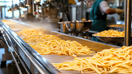 This image captures the art of fresh pasta production in a modern kitchen. Noodles lay neatly on a conveyor, while steam rises from the preparation area, showcasing culinary craftsmanship.の素材