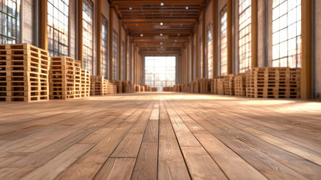 This image showcases a spacious warehouse interior featuring wooden pallets stacked neatly along large sunlit windows. The warm wooden flooring adds a rustic charm, emphasizing an industrial setting ideal for various creative projects.の素材