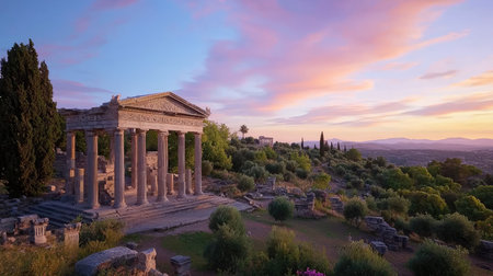 Breathtaking view of ancient ruins captured at sunset, showcasing majestic columns and a vibrant sky over a lush landscape in Greece.の素材
