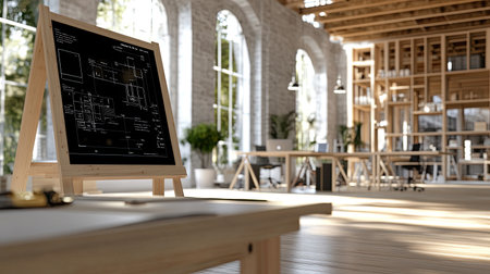 A modern workspace featuring an easel displaying architectural plans, surrounded by a minimalistic interior, wooden furniture, and ample natural light to inspire creativity.の素材
