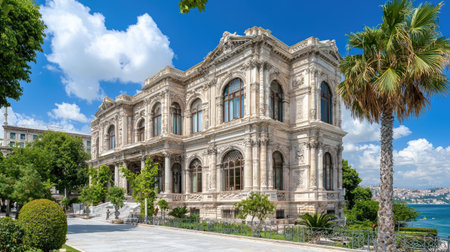 This captivating image showcases a historic building with intricate architecture surrounded by lush greenery, under a bright blue sky, perfect for travel and heritage themes.の素材