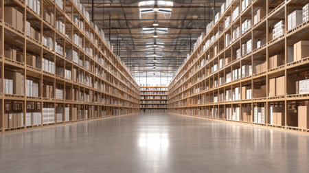 This spacious warehouse interior showcases organized shelving filled with boxes, emphasizing efficient storage solutions for inventory and logistics management.の素材