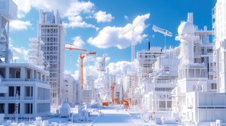A vibrant industrial landscape featuring cranes and construction sites, showcasing modern architecture and technology under a clear blue sky. Perfect for development themes.の素材