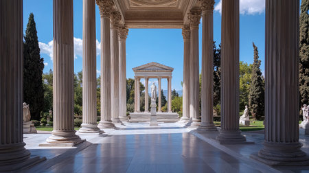 A stunning view of an ancient temple framed by grand columns, showcasing beautiful greenery and a clear blue sky. Perfect for travel and history enthusiasts.の素材