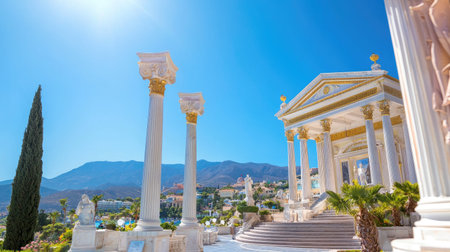 Captivating view of a neo-classical temple with grand columns set against a backdrop of majestic mountains and a bright blue sky, evoking serenity.の素材