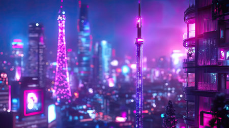 A vibrant futuristic cityscape at night filled with colorful neon lights illuminating tall skyscrapers, showcasing a blend of technology, beauty, and imagination.の素材
