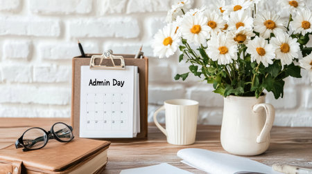 A beautifully arranged workspace featuring a calendar marked "Admin Day," fresh daisies in a vase, glasses, and a warm cup of coffee. Ideal for inspiring productivity.の素材