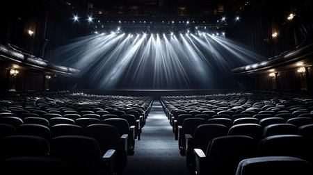 An empty theater showcasing dark, spacious rows of seats beneath dramatic overhead lighting. This atmospheric setting evokes anticipation for performances.の素材