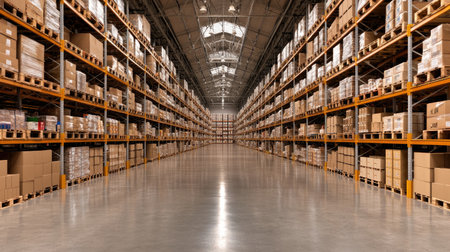 This image showcases a spacious warehouse interior, featuring neatly organized shelves filled with stacked boxes. The clean and empty aisles highlight the efficient storage solutions in an industrial setting ideal for logistics and inventory management.の素材