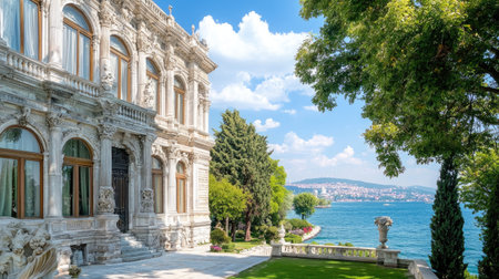 A stunning view of a grand historic mansion situated by the water, surrounded by lush greenery and serene landscapes beneath a bright blue sky.の素材