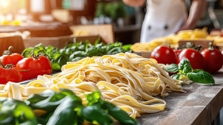 Vibrant scene showcasing freshly made pasta on a wooden table, accompanied by fresh tomatoes and aromatic basil, creating a warm culinary atmosphere.の素材