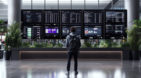 A person stands in front of large digital displays filled with data and information inside a modern urban environment, showcasing technology in action.の素材