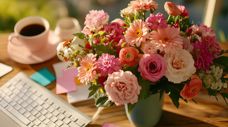 A stunning flower bouquet featuring pink and white blooms sits on a workspace table beside a cozy coffee cup. Perfect for adding charm and inspiration.の素材