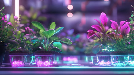 Discover a vibrant indoor plant setup featuring colorful plants illuminated by modern neon lighting, creating a serene and aesthetic atmosphere for plant enthusiasts.の素材