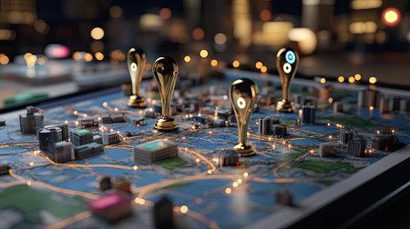 This vibrant image features golden pins placed on an urban map, showcasing a city layout illuminated by bright lights at night. Perfect for navigation and exploration themes.の素材