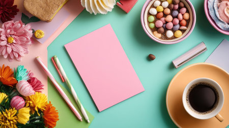 Delight in this vibrant flat lay featuring a cup of coffee, colorful sweets, and fresh flowers. Perfect for creative projects and lifestyle inspiration.の素材