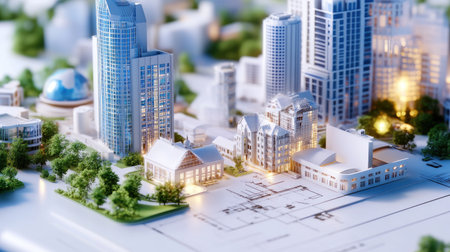 Intricate urban architecture model showcasing detailed buildings and landscapes, ideal for planning and design visuals in city development projects.の素材