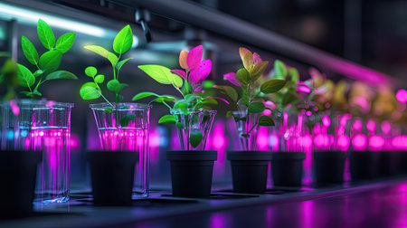 Explore the beauty of indoor gardening featuring vibrant plants thriving under LED grow lights. A serene and innovative approach to cultivating life indoors.の素材