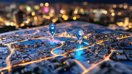 A vibrant digital map showcasing a city at night, complete with glowing location pins. This image highlights urban planning and navigation in a modern environment.の素材