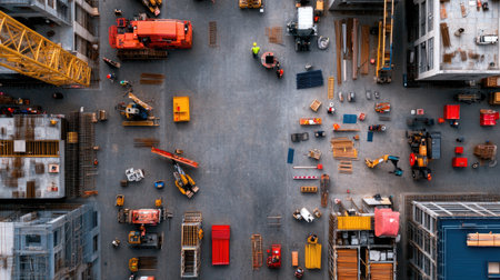 A detailed aerial view of a busy construction site showing various machinery, materials, and workers engaged in urban development and infrastructure projects.の素材