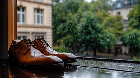 A stunning close-up of elegant brown dress shoes placed by a rainy window, showcasing their beautiful details and reflections. The rainy backdrop adds a serene ambiance.の素材