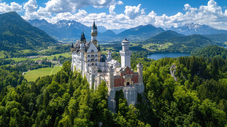 Experience the breathtaking beauty of a fairy tale castle nestled in lush greenery, surrounded by stunning mountains and a clear blue sky, ideal for nature lovers.の素材