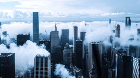 Breathtaking aerial view of a city skyline where towering skyscrapers rise above the clouds, creating a stunning urban landscape in daylight.の素材