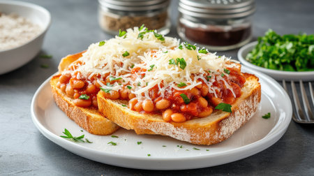 Savor a delightful toast topped with baked beans and melted cheese, garnished with fresh parsley. This savory dish is perfect for any meal.の素材