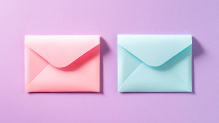 Two colorful envelopes in pink and blue are placed on a soft purple background, creating a vibrant and stylish visual ideal for marketing and creative projects.の素材