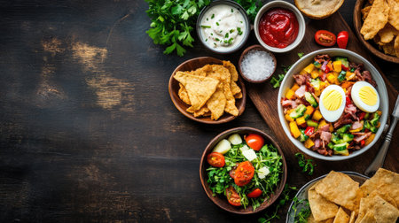 A vibrant assortment of fresh ingredients and dishes presented on a rustic wooden table. Perfect for showcasing healthy culinary ideas and meal preparation.の素材
