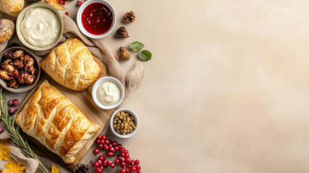 A delightful arrangement of various pastries and dips, surrounded by autumn decor on a neutral surface. Perfect for seasonal gatherings or brunch.の素材