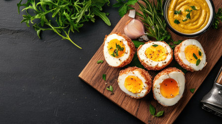 A mouthwatering display of scotch eggs served with mustard sauce and fresh herbs. Perfect for snacking or as an appetizing dish, this rustic presentation enhances any meal setting.の素材