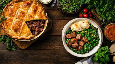 A mouth-watering meat pie paired with vibrant vegetables on a rustic wooden table, perfect for a cozy gathering or a hearty meal at home.の素材