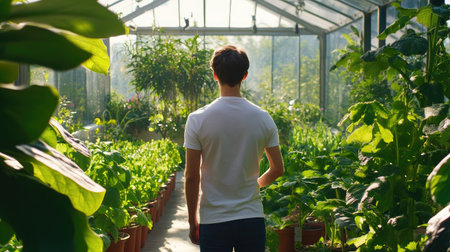 A young person stands in a lush greenhouse, surrounded by vibrant plants and sunlight, embodying tranquility and a connection to nature in a serene setting.の素材