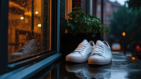 A pair of white sneakers rests on a ledge beside a rain-soaked window, creating a cozy and serene atmosphere. The soft glow from the interior adds warmth to the scene.の素材