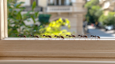 This image captures a row of ants strategically marching across a wooden windowsill, illuminated by warm afternoon sunlight, highlighting their intricate details.の素材