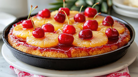 A stunning pineapple upside down cake featuring lush pineapple rings and bright cherries, beautifully glazed in a cast iron skillet, perfect for celebrations.の素材