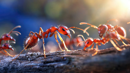 This close-up image showcases red ants walking on tree bark, illuminated by soft sunlight with a blurred bokeh background, highlighting nature's intricate details.の素材