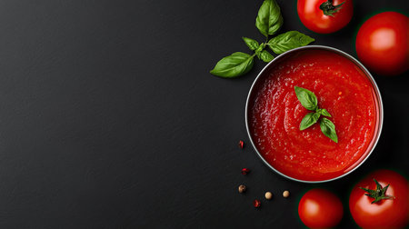 A vibrant bowl of fresh tomato sauce garnished with basil sits among ripe tomatoes on a dark background, perfect for cooking and food presentations.の素材
