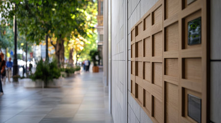 A contemporary urban scene showcasing a wooden wall feature along a bustling sidewalk lined with trees and modern buildings. The image captures a blend of nature and design.の素材
