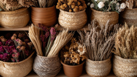 A beautifully arranged collection of dried flowers in decorative baskets showcasing natural colors and textures. Perfect for enhancing rustic or bohemian home styles.の素材
